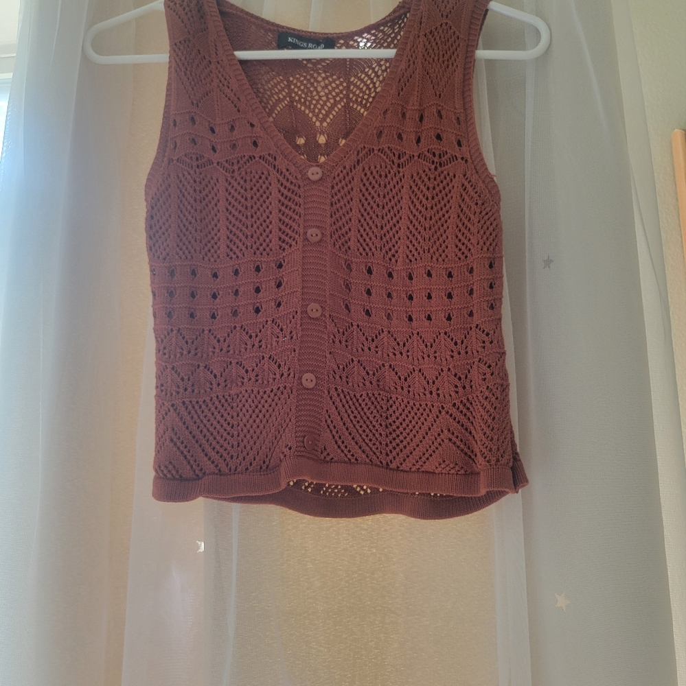 Crochet Knit Sleeveless Top in Brown